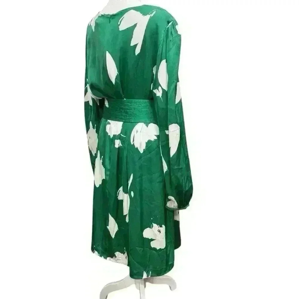 Lewit Green & White Floral Stretch Silk Long Sleeve Round Neck Belted Dress 14 - Picture 4 of 13